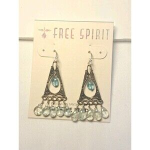 NEW Peyote Bird Silver Triangle Frame Blue Glass 1.5" Earrings Dangle Chandelier